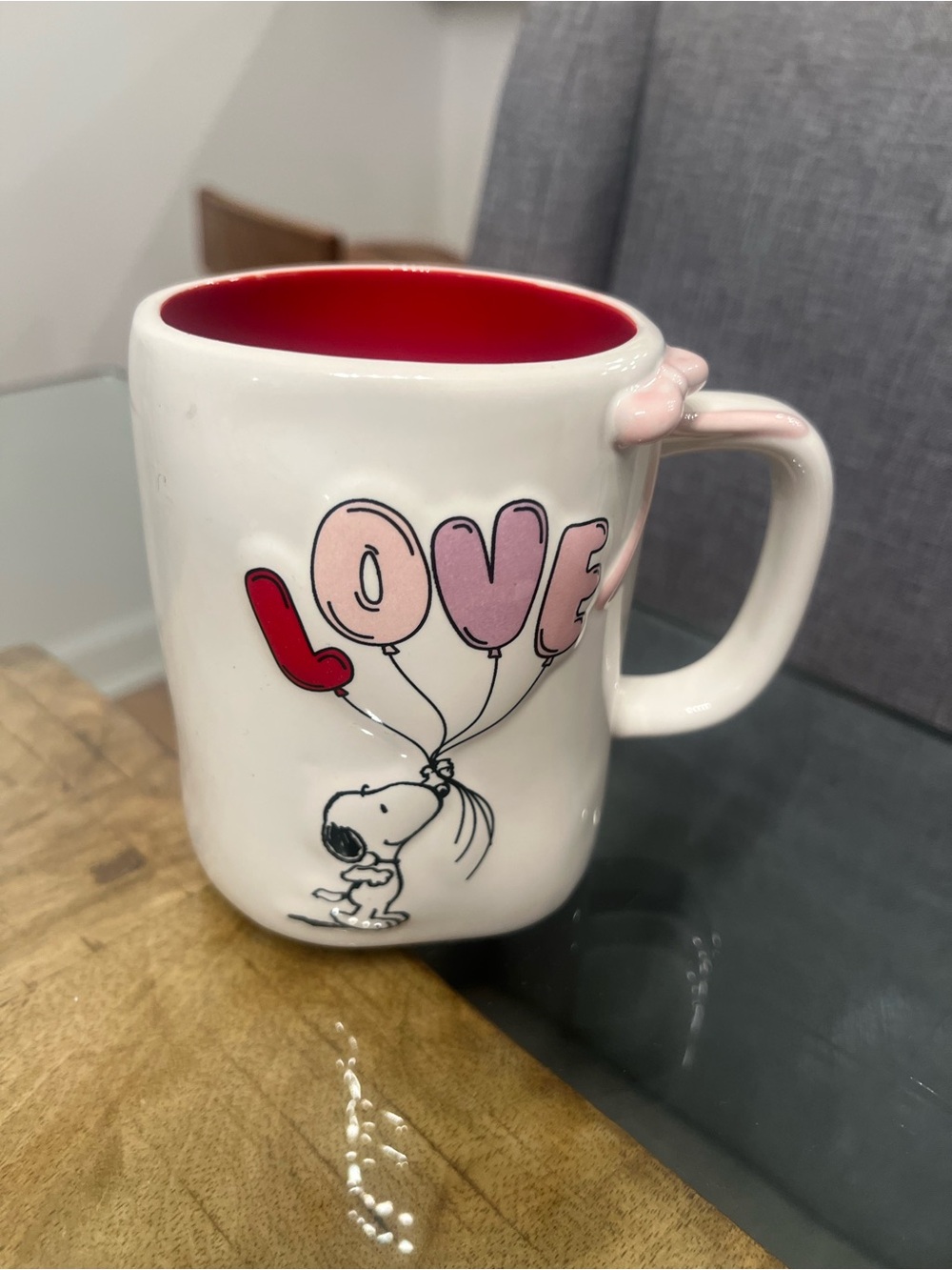Peanuts "LOVE" Snoopy Bow Coffee Mug Hearts Valentine's Day Pink White 21 Oz